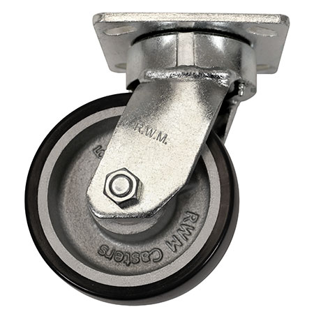 Side view of swivel caster with black and silver wheel